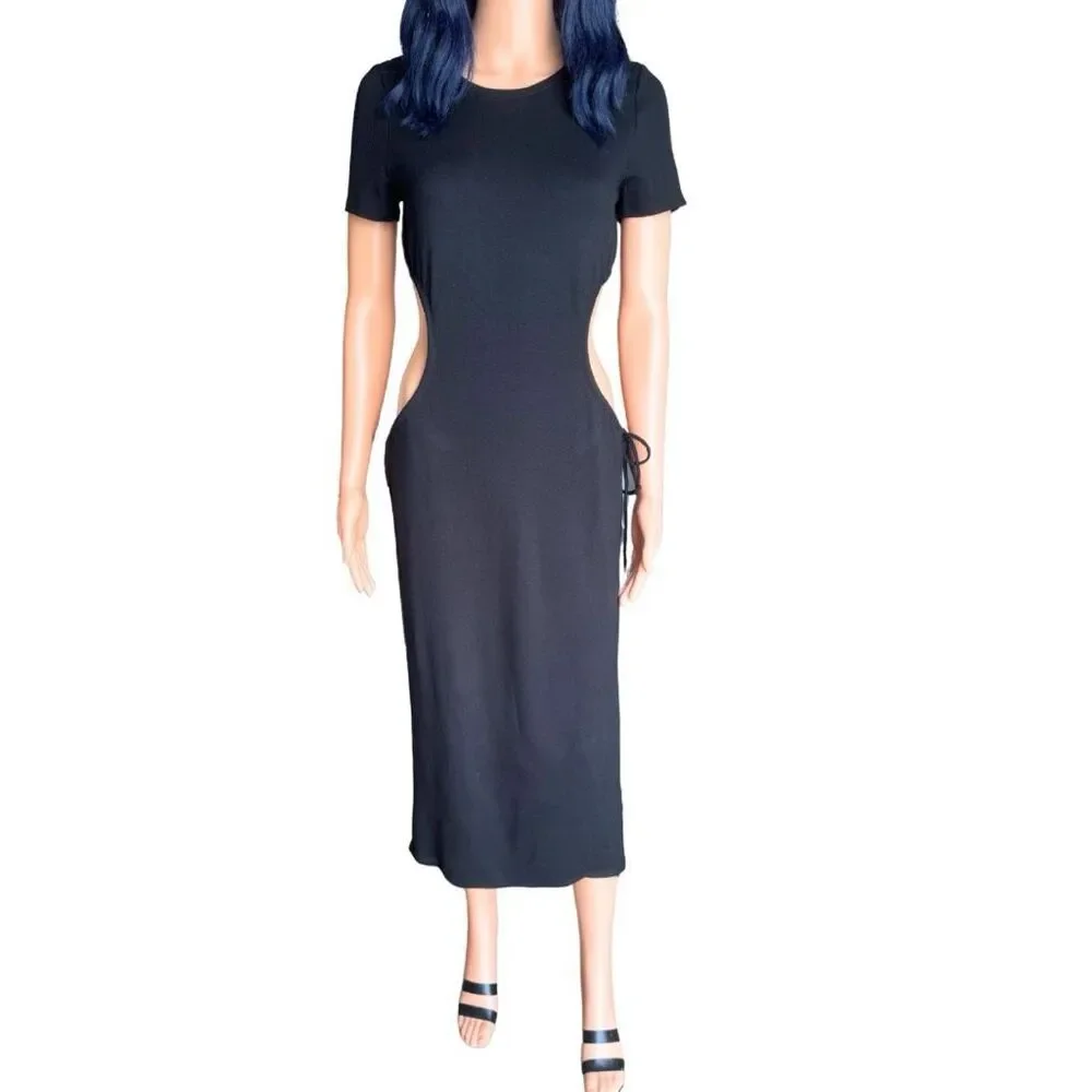 NWT FORE Dress Small Black Side Cutout Midi Short Sleeve Tie Waist Party Club